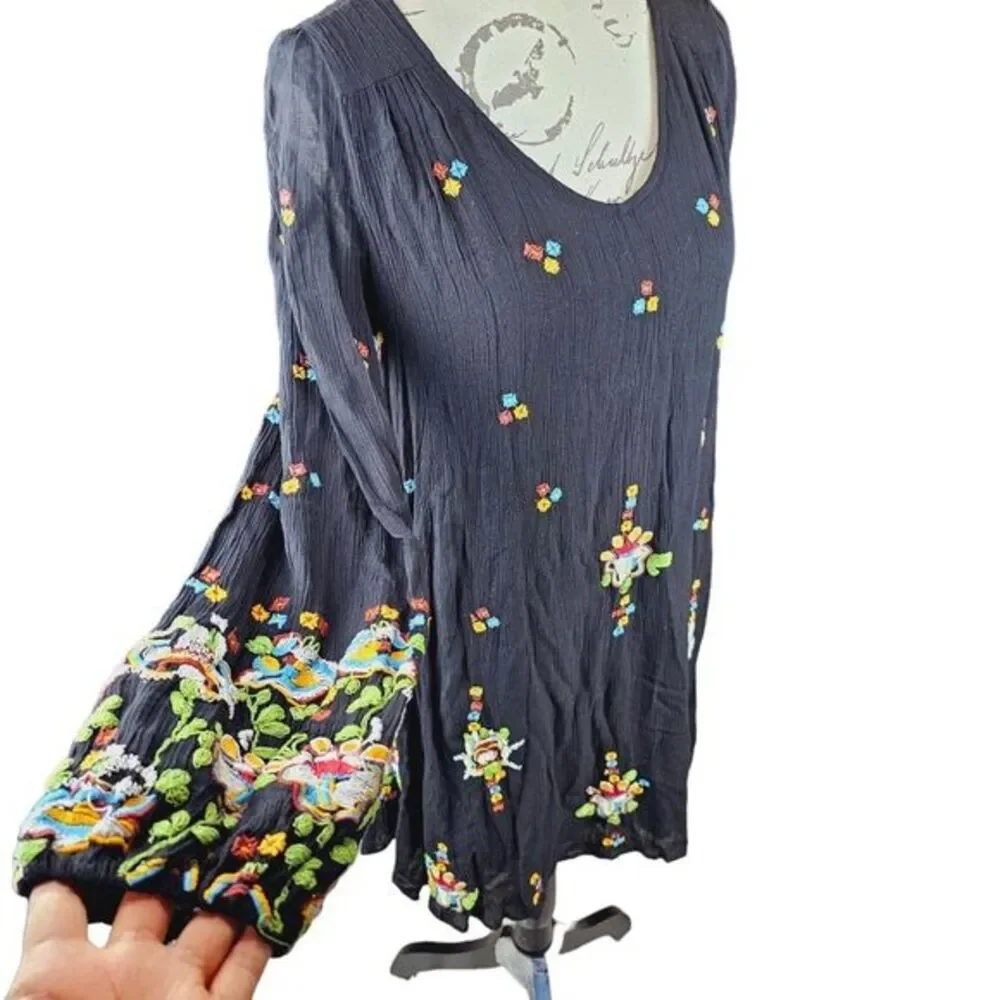 Free People Black Oxford Embroidered Long Sleeve Back Cut Out‎ Mini Dress Size S